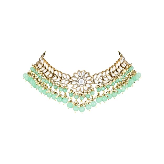 Kundan Choker Necklace Set in 18K Gold Plated Traditional Kundan Studded Pearl Hanging Choker Necklace Jewellery Set with Earrings and Maang Tikka