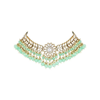 Kundan Choker Necklace Set in 18K Gold Plated Traditional Kundan Studded Pearl Hanging Choker Necklace Jewellery Set with Earrings and Maang Tikka