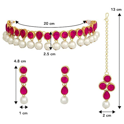 Kundan Jewellery Set in Traditional Kundan and Pearl Choker Necklace with Earrings and Maang Tikka Jewellery Set for Women and Girls