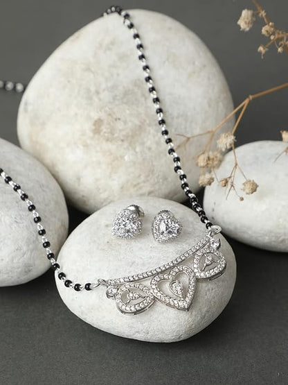 Mangalsutra Necklace Modern in 925 Sterling Silver Elegant Stone Studded Design with Earrings