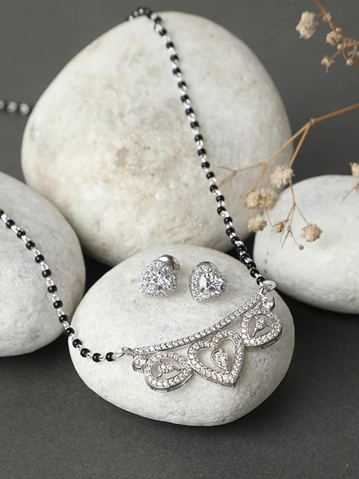 Mangalsutra Necklace Modern in 925 Sterling Silver Elegant Stone Studded Design with Earrings
