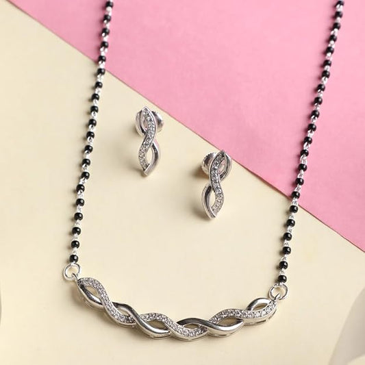 Mangalsutra Online in 925 Sterling Silver Stone Studded Contemporary Design with Earrings and Chain