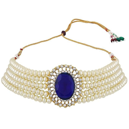Choker Necklace in Gold Plated Traditional Stone Studded Pearl Choker Necklace Jewellery Set for Women and Girls