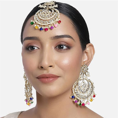 Mang Tikka for Women in Traditional Rhodium Kundan & Pearl Earring Set Design