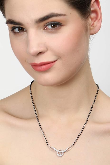 Mangalsutra Pendant in 925 Sterling Silver Contemporary Stone Studded Design with Chain and Earrings