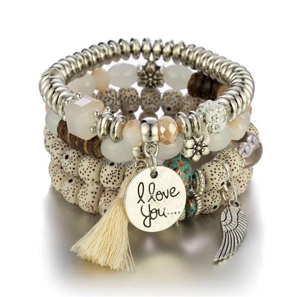 Bohemian I Love You Feather Charm Beaded Multilayer Bracelet for Women & Girls