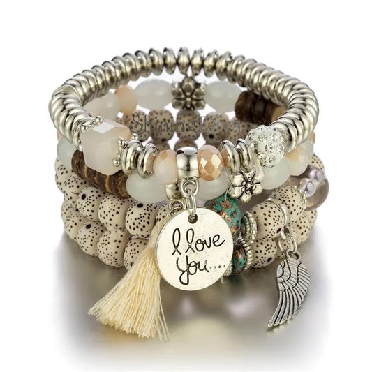 Bohemian I Love You Feather Charm Beaded Multilayer Bracelet for Women & Girls
