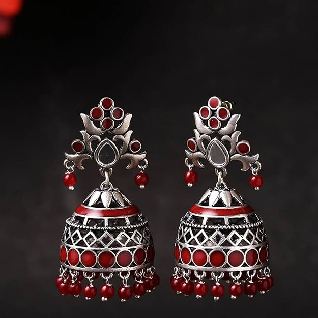 Oxidised Pink Pearl Jhumka Earrings