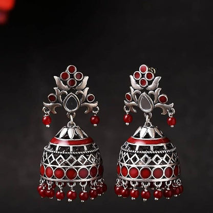 Oxidised Pink Pearl Jhumka Earrings