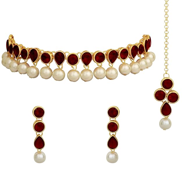 Kundan Jewellery Set in Traditional Kundan and Pearl Choker Necklace with Earrings and Maang Tikka Jewellery Set for Women and Girls