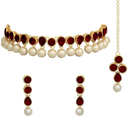 Kundan Jewellery Set in Traditional Kundan and Pearl Choker Necklace with Earrings and Maang Tikka Jewellery Set for Women and Girls