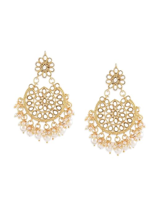 Gold Tone Kundan Pearl Dangle Earrings