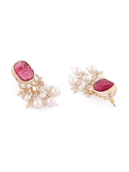 Drop Earrings Women in Wine Color Stone Kundan and Pearl Layered Gold Tone Design