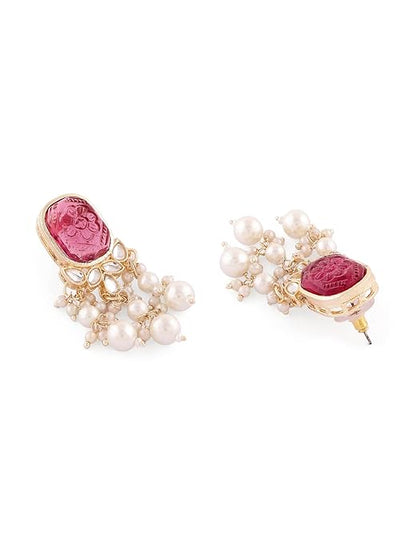 Drop Earrings Women in Wine Color Stone Kundan and Pearl Layered Gold Tone Design