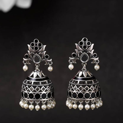 Oxidised Pink Pearl Jhumka Earrings