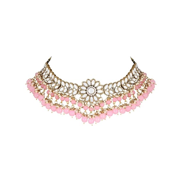 Kundan Choker Necklace Set in 18K Gold Plated Traditional Kundan Studded Pearl Hanging Choker Necklace Jewellery Set with Earrings and Maang Tikka