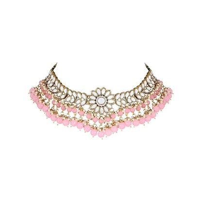 Kundan Choker Necklace Set in 18K Gold Plated Traditional Kundan Studded Pearl Hanging Choker Necklace Jewellery Set with Earrings and Maang Tikka