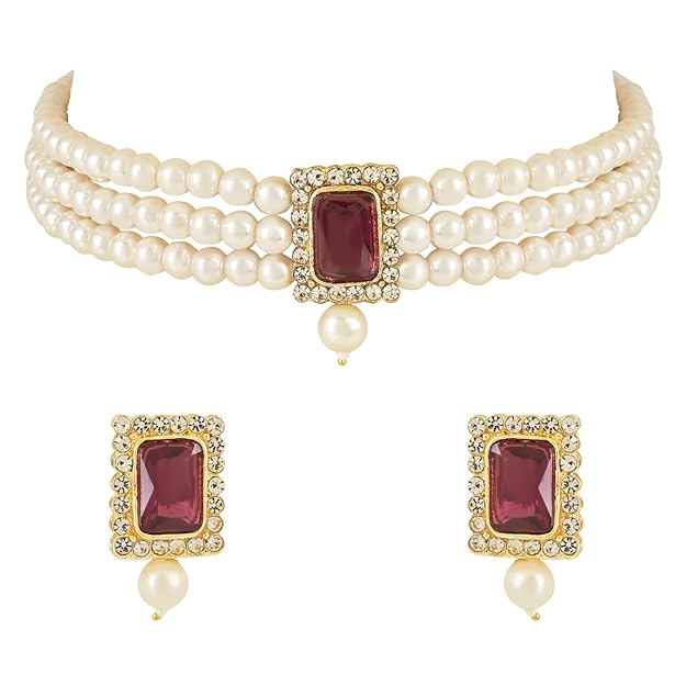 Pearl Choker Necklace in Gold Plated Traditional Stone and Pearl Choker Necklace Jewellery Set for Women