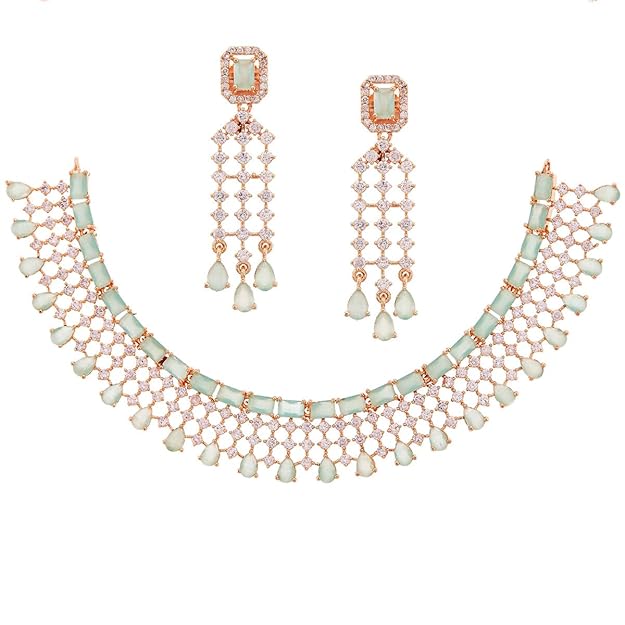 American Diamond Choker Set in Floral Design AD Studded Choker Necklace with Earrings for Women and Girls