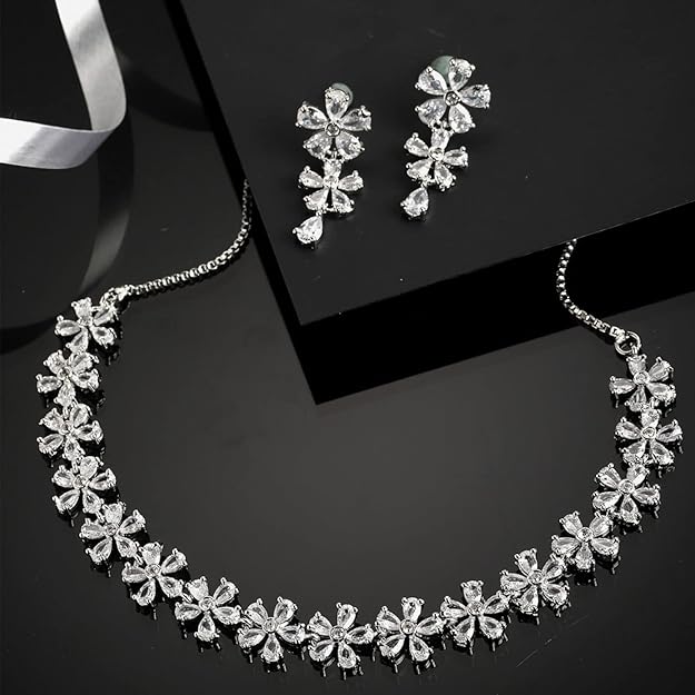 American Diamond Jewellery in Silver in Rhodium Plated Silver Toned White AD Studded Flower Shaped Jewellery Set