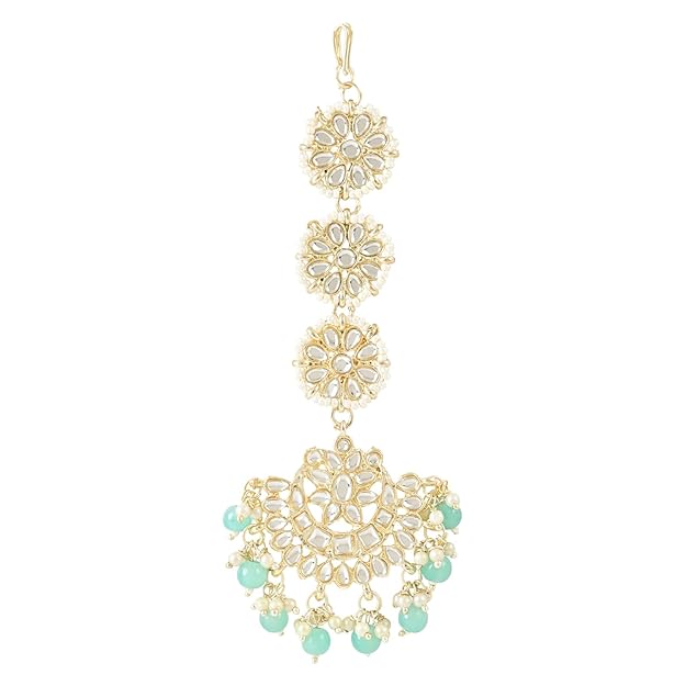 Dulhan Mang Tika in Gold Plated Traditional Kundan & Faux Pearl Chandbali Earring Set