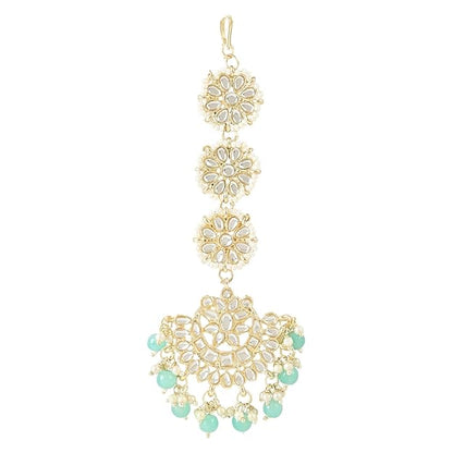 Dulhan Mang Tika in Gold Plated Traditional Kundan & Faux Pearl Chandbali Earring Set