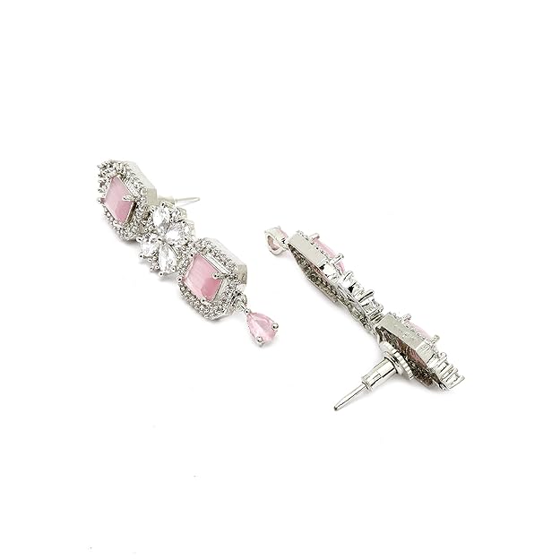 American Diamond Jewellery in Rhodium Plated Silver Toned Green and White AD Studded Necklace and Earrings Set for Women