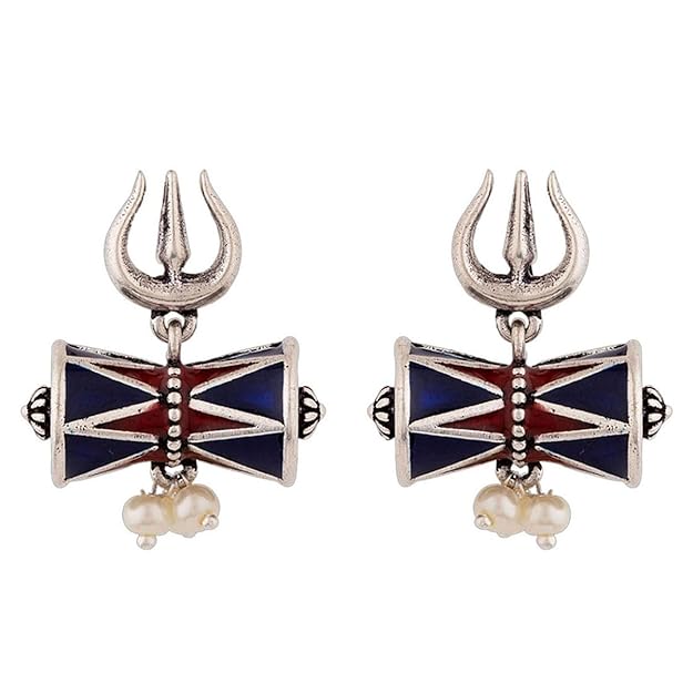 Oxidised Damru Trishul Silver Stud Earrings