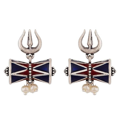 Oxidised Damru Trishul Silver Stud Earrings