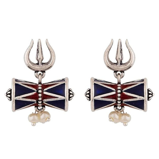 Oxidised Damru Trishul Silver Stud Earrings