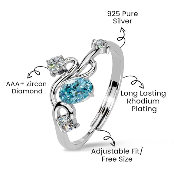 Silver Diamond Heart Ring in 925 Pure Sterling Silver Adjustable Elegant Design