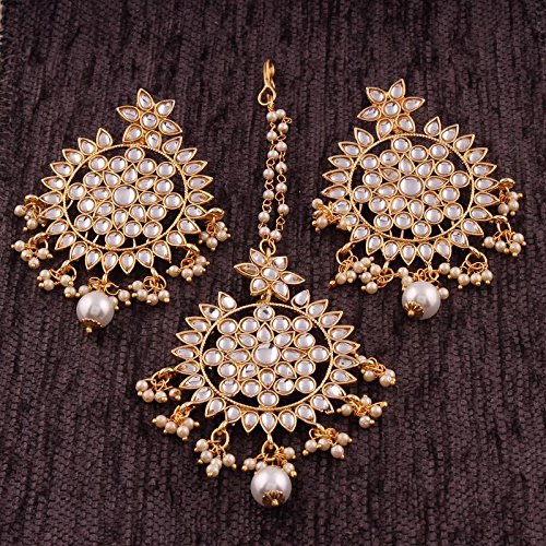 Pearl and Earring Set in Gold Plated Kundan & Pearl Design with Maang Tikka