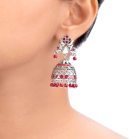 Oxidised Pink Pearl Jhumka Earrings