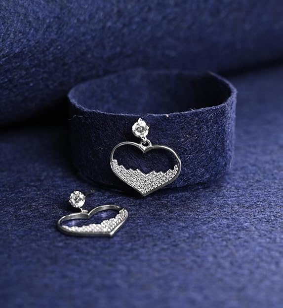 Heart Dangle Earrings in 925 Sterling Silver Cuore Heart Design with Platinum Plated Zirconia