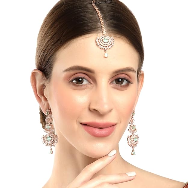 Diamond Mang Tikka in Rose Gold Plated American Diamond Studded Maang Tikka & Earrings Jewellery Set