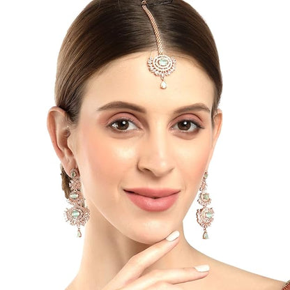 Diamond Mang Tikka in Rose Gold Plated American Diamond Studded Maang Tikka & Earrings Jewellery Set