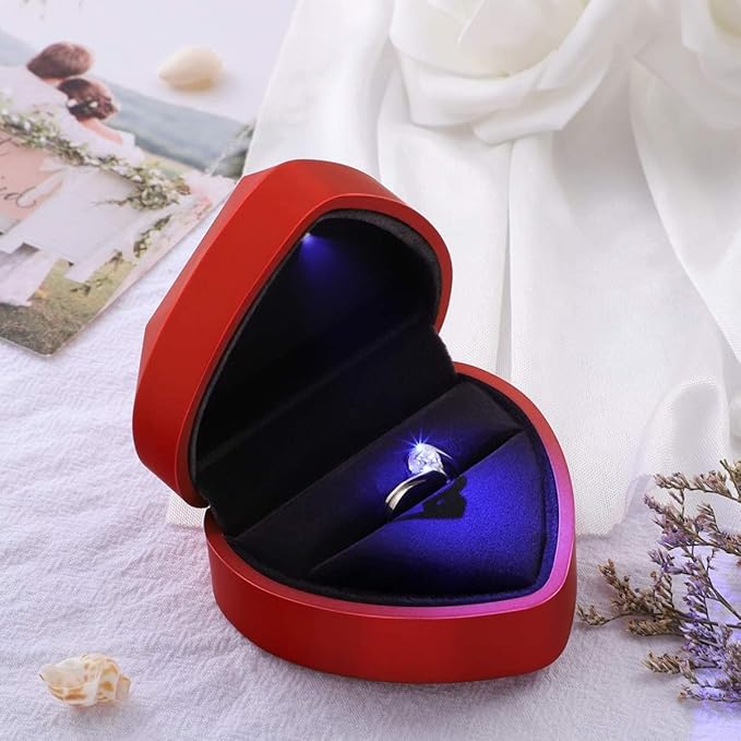 Light Up Engagement Red Ring Box with LED in Luxury Heart Velvet Design
