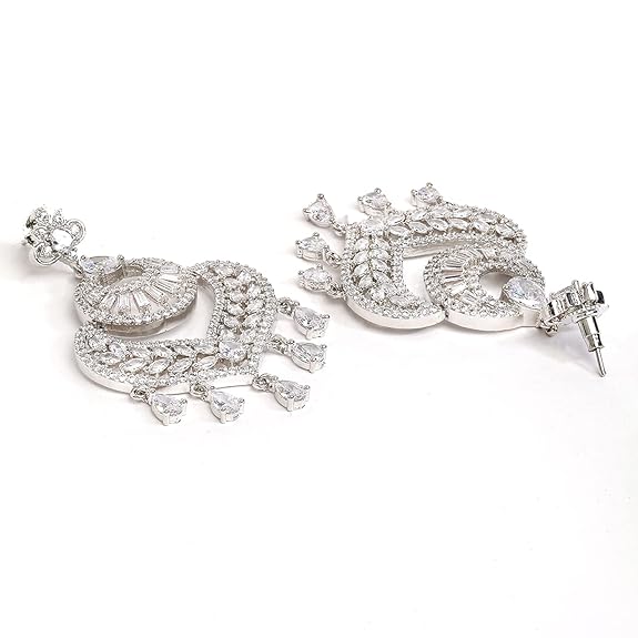 AD Mang Tika in Rhodium Plated Stylish Shiny Round Design Maang Tikka Earring Jewellery Set