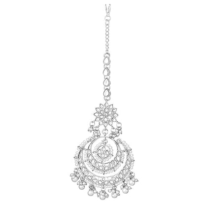 Mang Tikka for Women in Traditional Rhodium Kundan & Pearl Earring Set Design