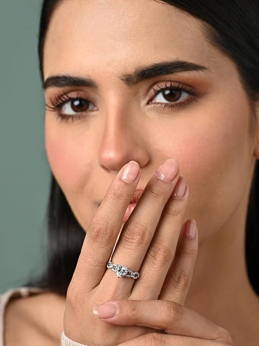 Silver Heart Ring with Diamonds in Pure 925 Sterling Silver Swiss Zircon Platinum Plated Design with Adjustable Band