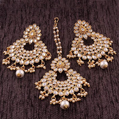Big Maang Tikka and Earrings Set in Gold Plated Kundan & Pearl Traditional Design
