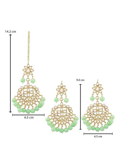 Bridal Mang Tika in Gold Plated Pearl and Kundan Studded Earring Set