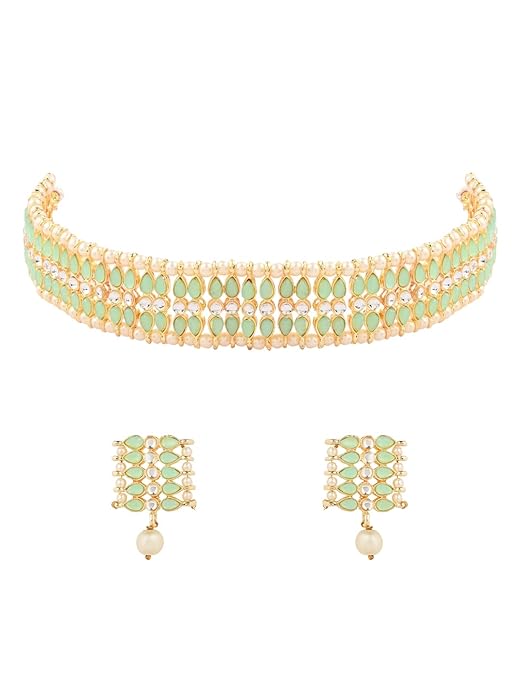 Pearl Choker Necklace Indian in Gold Plated Traditional Kundan and Pearl Choker Necklace Jewellery Set for Women and Girls