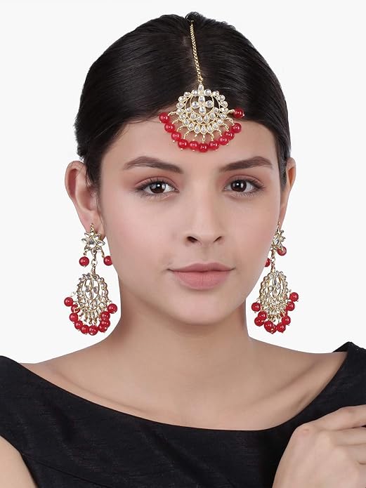 Bridal Mang Tika in Gold Plated Pearl and Kundan Studded Earring Set