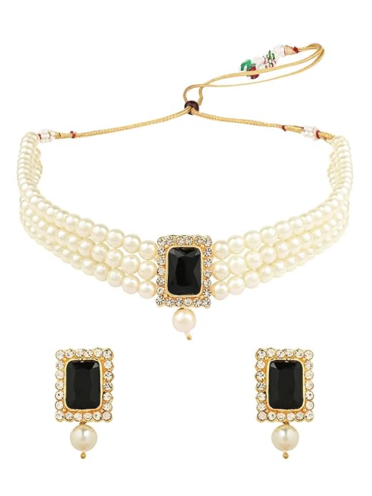 Pearl Choker Necklace in Gold Plated Traditional Stone and Pearl Choker Necklace Jewellery Set for Women