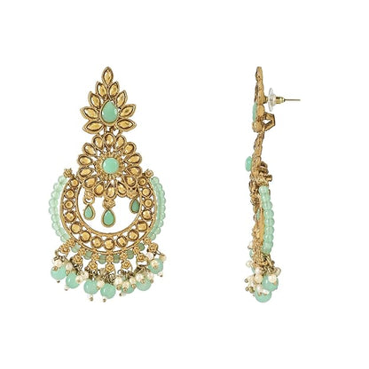 Indian Head Nickel Earrings in Gold Plated Kundan Pearl Drop Design with Maang Tikka