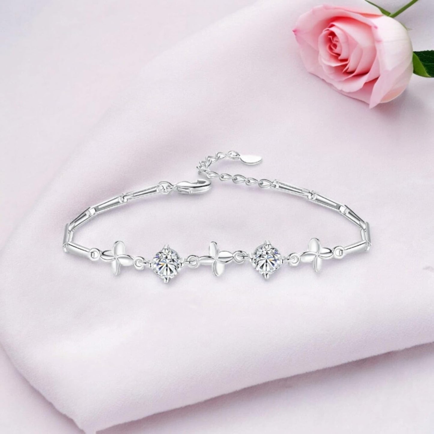 Silver Plated Clover Charm Bracelet with Cubic Zirconia Stones for Women & Girls