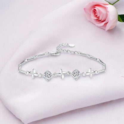 Silver Plated Clover Charm Bracelet with Cubic Zirconia Stones for Women & Girls