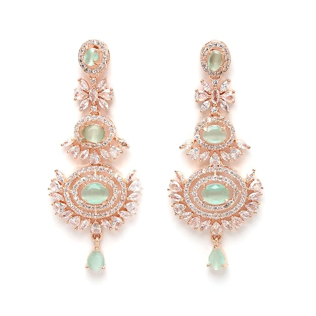 Diamond Mang Tikka in Rose Gold Plated American Diamond Studded Maang Tikka & Earrings Jewellery Set