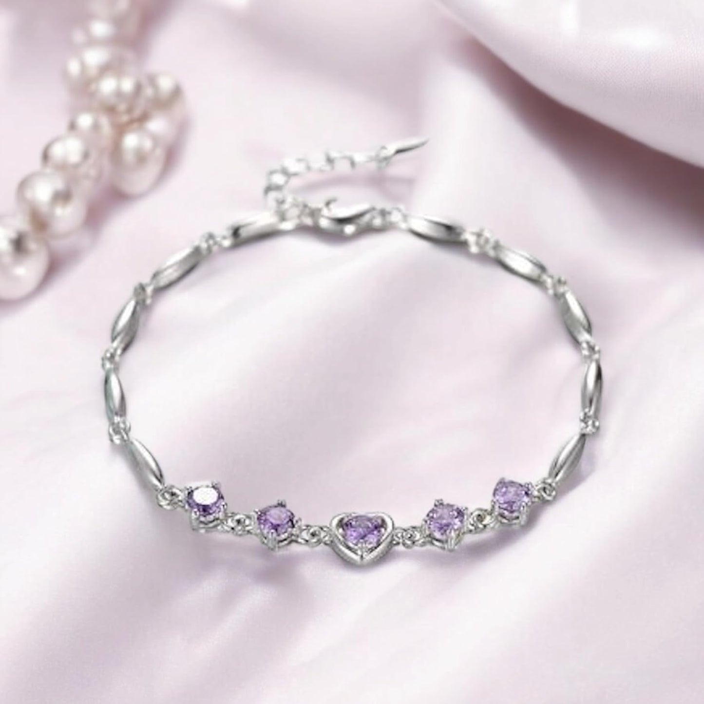 Copper Sterling Silver Plated Heart Shape Designed Charm Bracelet for Women (Purple Color)